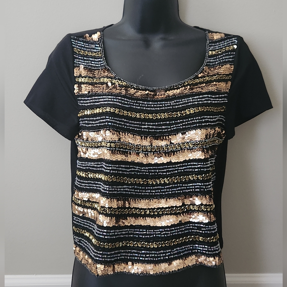 Gianni Bini Black and Gold Sequin Short Sleeve Tee